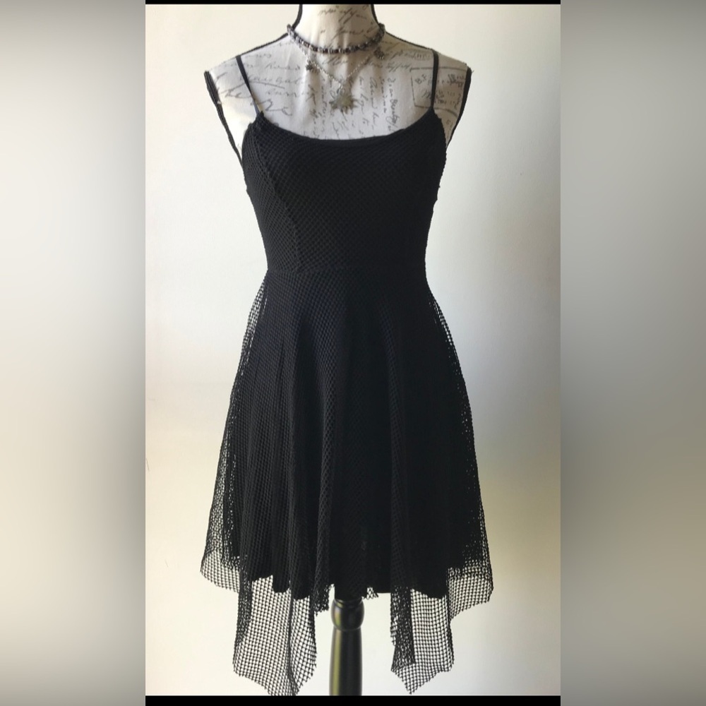 Finn & Clover NEW Asymmetrical Black Fishnet Midi Y2K Dress Size Large - Picture 2 of 7